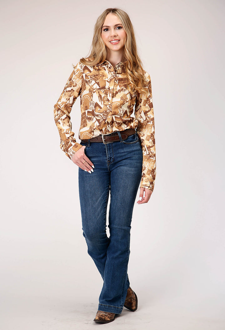 WOMENS LONG SLEEVE SNAP COLLAGE PRINT WESTERN BLOUSE WITH CURVED FRONT AND BACK YOKES