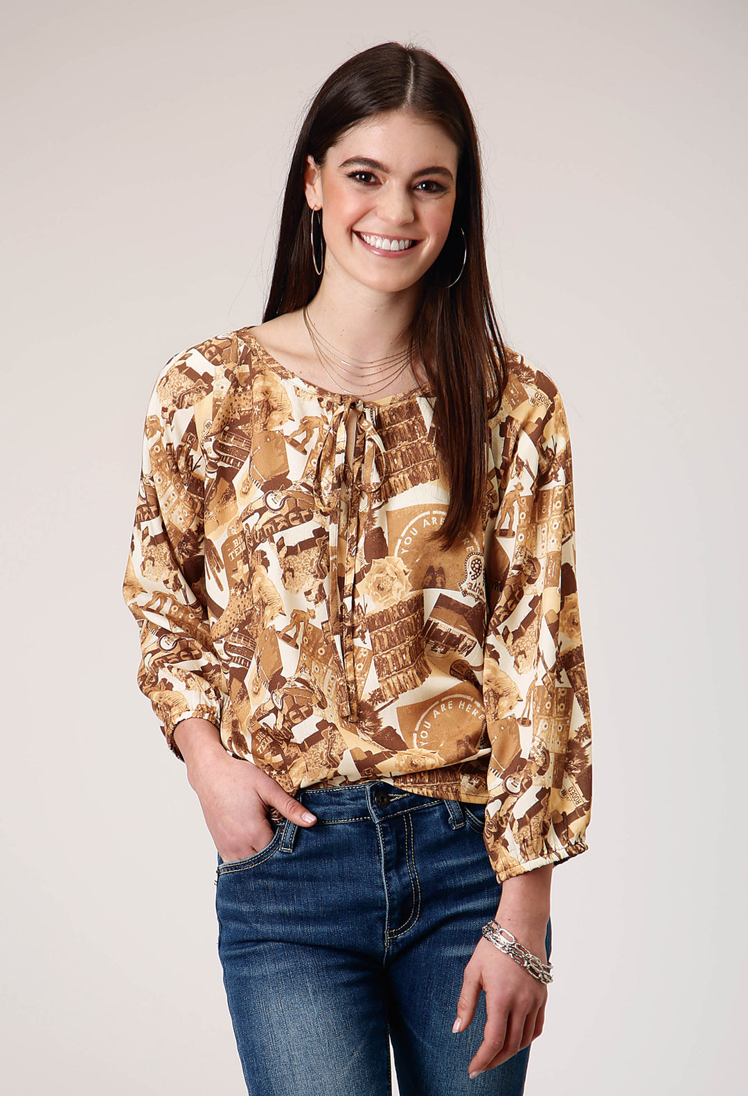 WOMENS THREE QUARTER RAGLAN SLEEVE PULLOVER COLLAGE PRINT WESTERN SHIRT WITH ELASTIC CUFFS NOTCHED SCCOP NECK