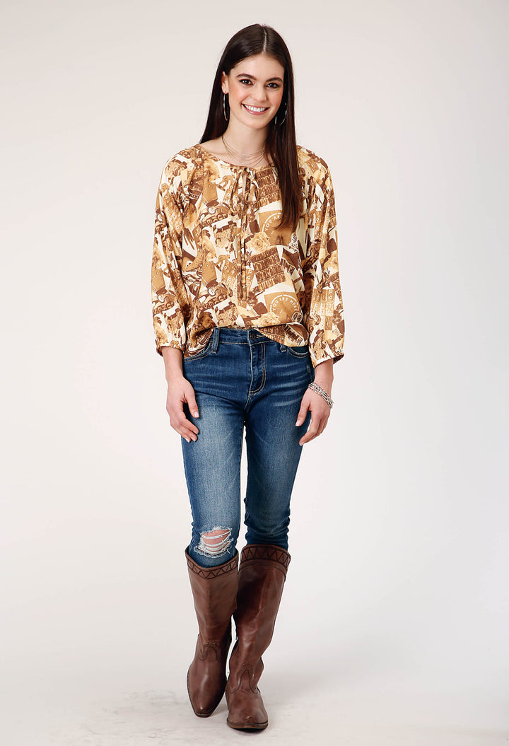WOMENS THREE QUARTER RAGLAN SLEEVE PULLOVER COLLAGE PRINT WESTERN SHIRT WITH ELASTIC CUFFS NOTCHED SCCOP NECK