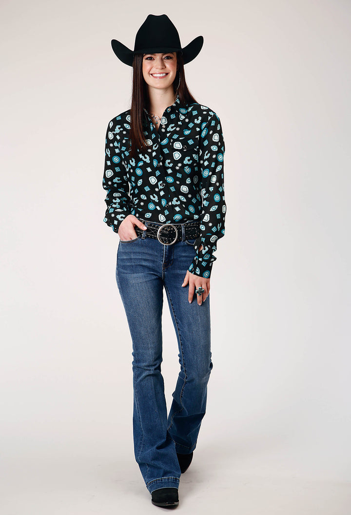 WOMENS LONG SLEEVE SNAP JEWELRY PRINT RAYON WESTERN BLOUSE WITH FRONT AND BACK YOKES