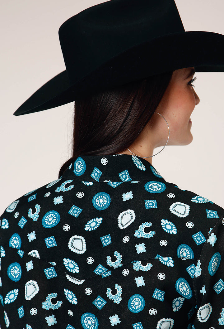 WOMENS LONG SLEEVE SNAP JEWELRY PRINT RAYON WESTERN BLOUSE WITH FRONT AND BACK YOKES