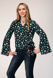 WOMENS LONG SLEEVE PULLOVER JEWELRY PRINT RAYON WRAP WESTERN BLOUSE WITH BELL SLEEVE WITH SIDE SPLIT OPENING SELF TIE