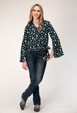 WOMENS LONG SLEEVE PULLOVER JEWELRY PRINT RAYON WRAP WESTERN BLOUSE WITH BELL SLEEVE WITH SIDE SPLIT OPENING SELF TIE