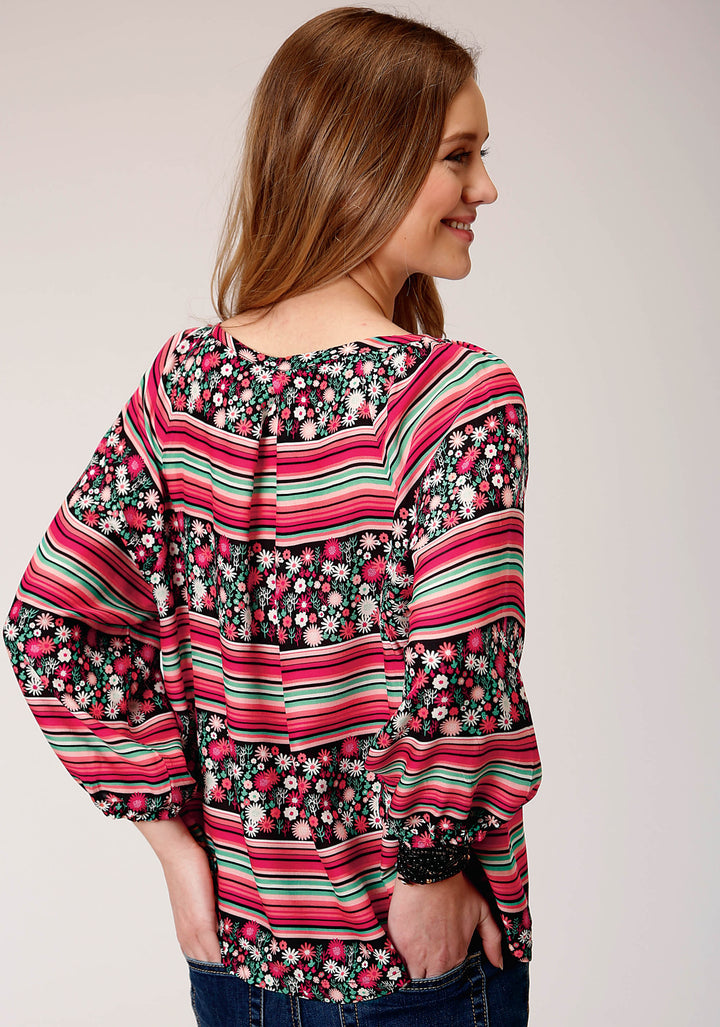 WOMENS LONG SLEEVE FLORAL PRINT RAYON PEASANT BLOUSE
