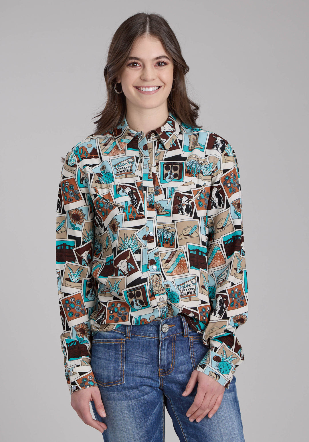 WOMENS PHOTO COLLAGE PRINT RAYON LONG SLEEVE SNAP WESTERN SHIRT