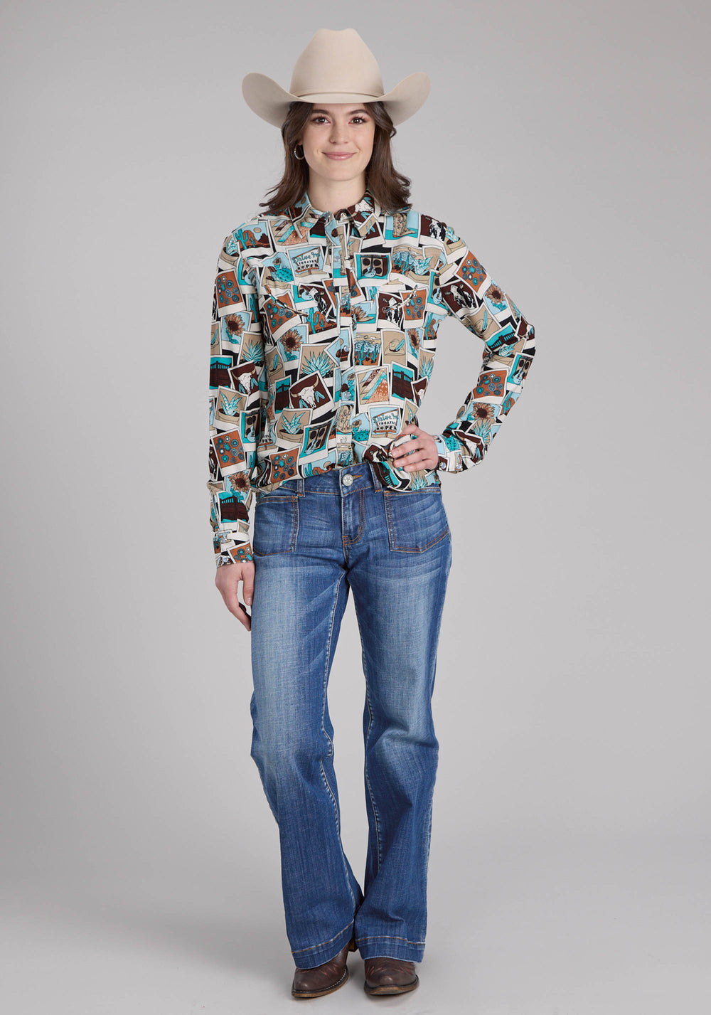 WOMENS PHOTO COLLAGE PRINT RAYON LONG SLEEVE SNAP WESTERN SHIRT