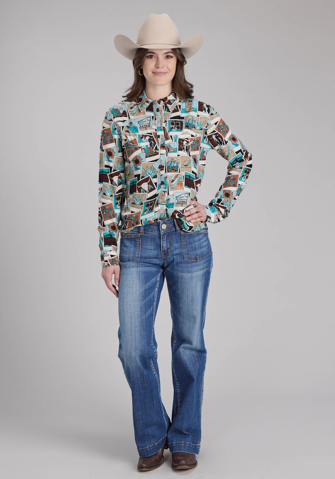 WOMENS PHOTO COLLAGE PRINT RAYON LONG SLEEVE SNAP WESTERN SHIRT