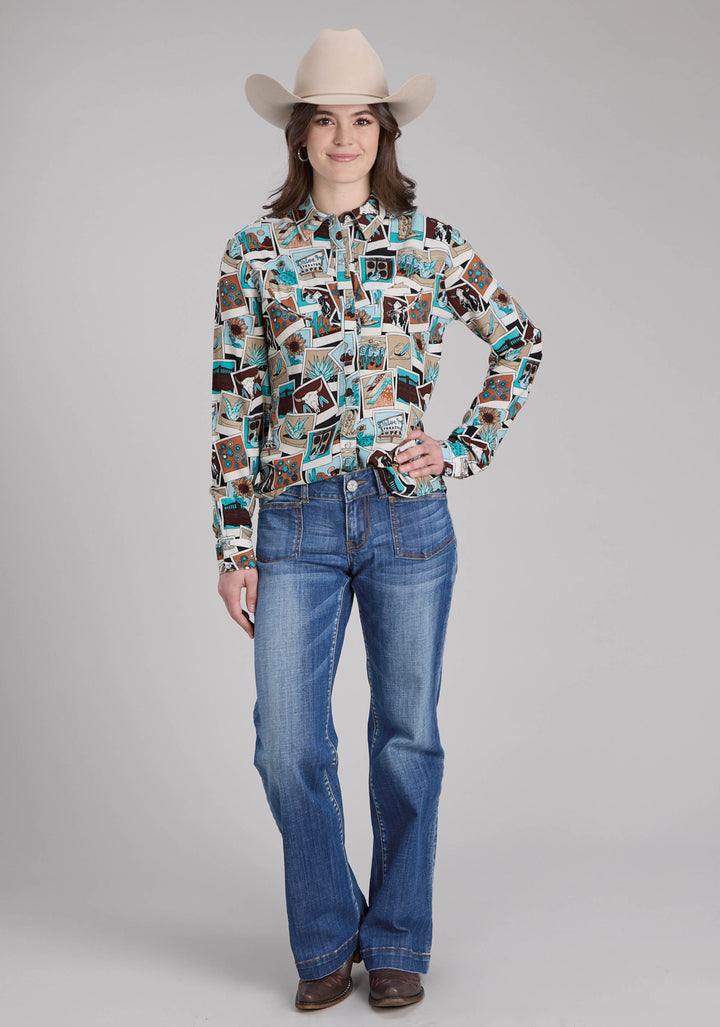 WOMENS PHOTO COLLAGE PRINT RAYON LONG SLEEVE SNAP WESTERN SHIRT