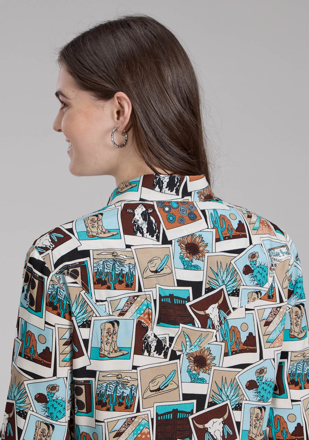 WOMENS PHOTO COLLAGE PRINT RAYON LONG SLEEVE SNAP WESTERN SHIRT