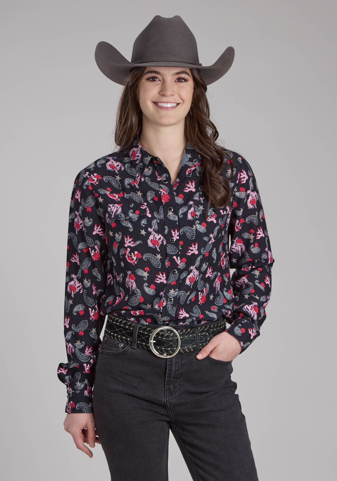 WOMENS BRONC RIDERS PRINTED RAYON BLOUSE LONG SLEEVE SNAP WESTERN SHIRT