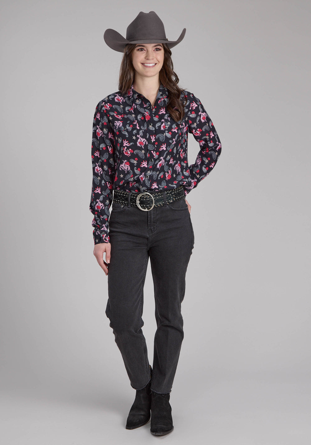 WOMENS BRONC RIDERS PRINTED RAYON BLOUSE LONG SLEEVE SNAP WESTERN SHIRT