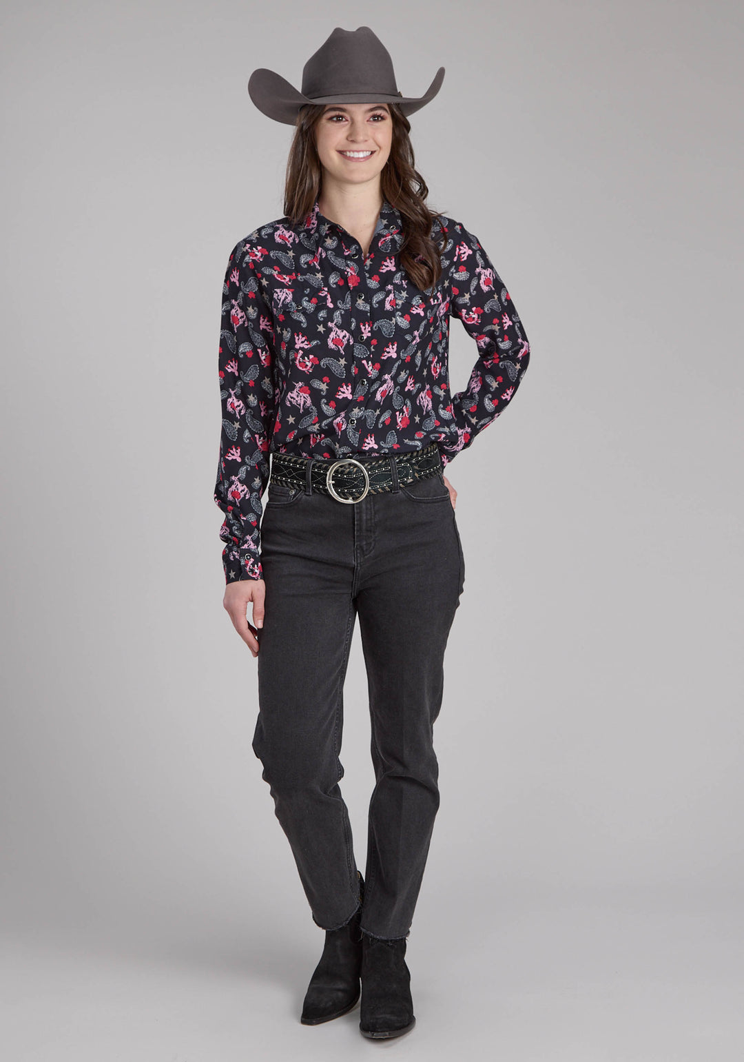 WOMENS BRONC RIDERS PRINTED RAYON BLOUSE LONG SLEEVE SNAP WESTERN SHIRT
