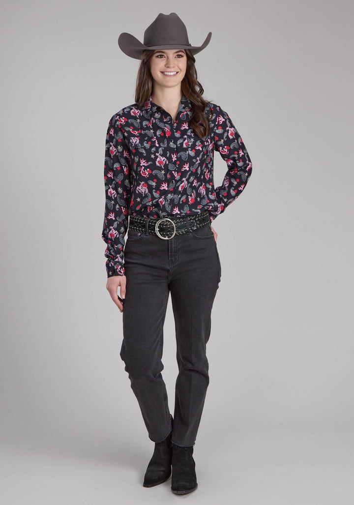 WOMENS BRONC RIDERS PRINTED RAYON BLOUSE LONG SLEEVE SNAP WESTERN SHIRT