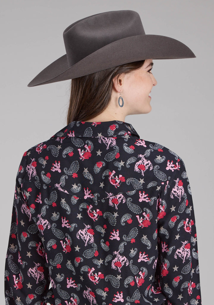 WOMENS BRONC RIDERS PRINTED RAYON BLOUSE LONG SLEEVE SNAP WESTERN SHIRT