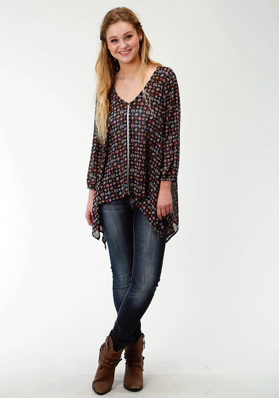 WOMENS MULTICOLORED PRINT LONG SLEEVE TUNIC LENGTH WESTERN SHIRT