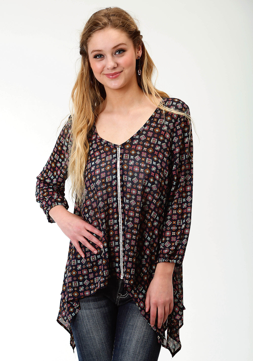 WOMENS MULTICOLORED PRINT LONG SLEEVE TUNIC LENGTH WESTERN SHIRT