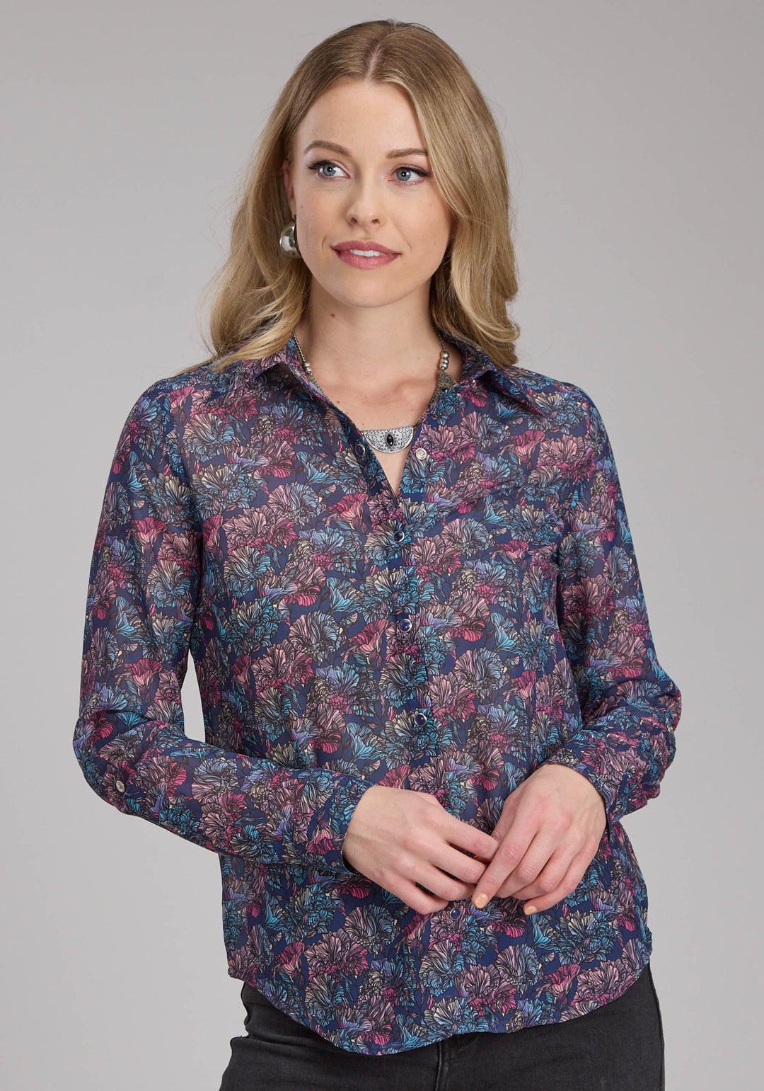 WOMENS "GEM FLORAL" PRINT GEORGETTE LONG SLEEVE BUTTON WESTERN SHIRT