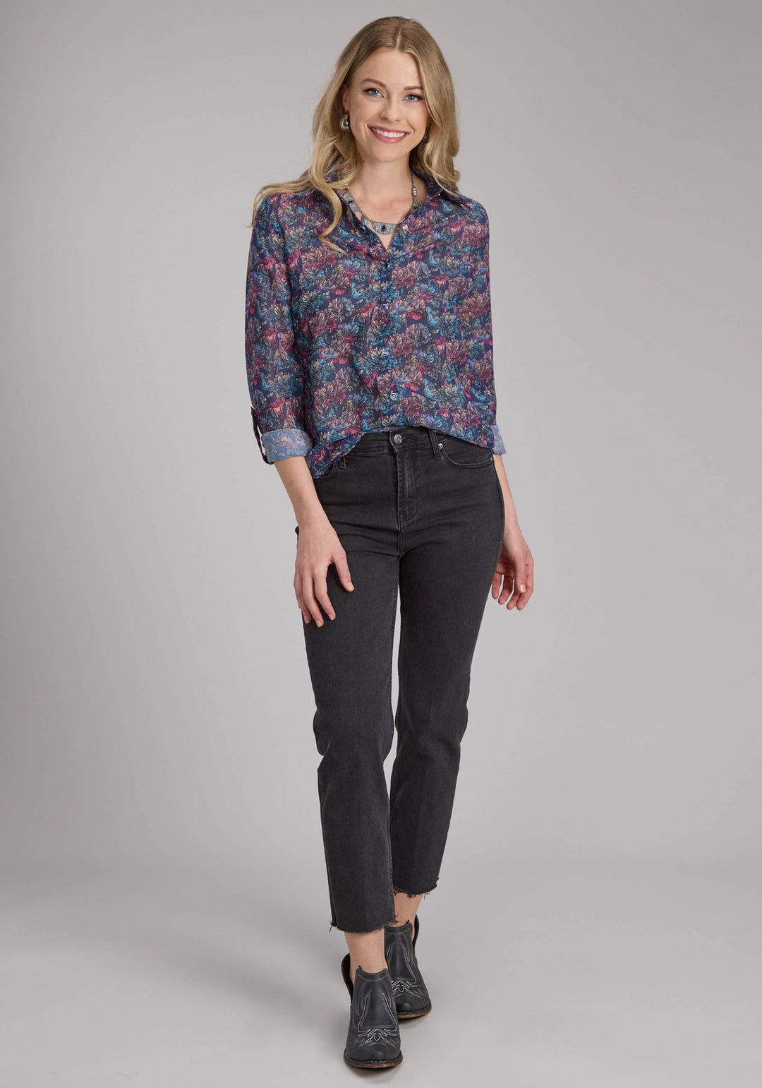 WOMENS "GEM FLORAL" PRINT GEORGETTE LONG SLEEVE BUTTON WESTERN SHIRT