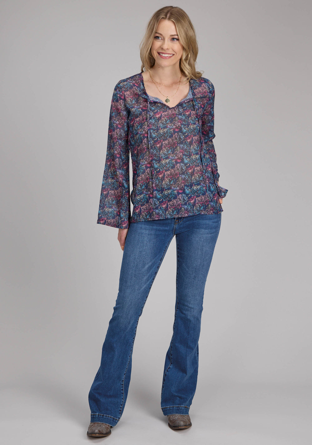 WOMENS "GEM FLORAL" PRINT GEORGETTE LONG SLEEVE PULLOVER WESTERN SHIRT
