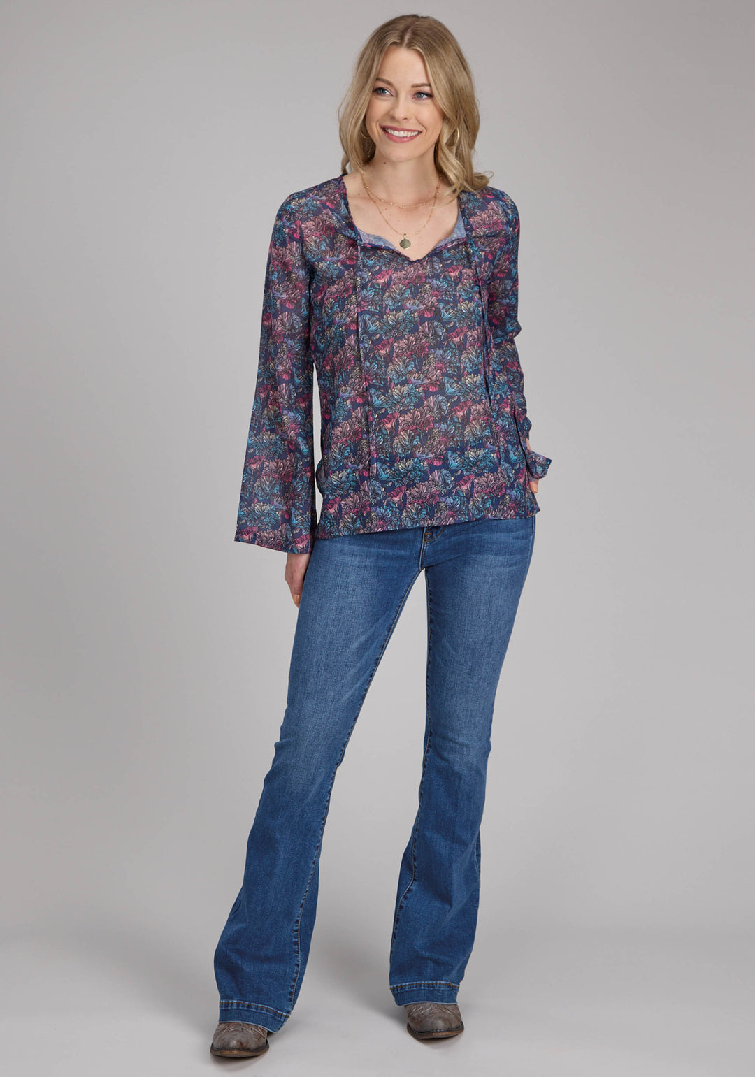 WOMENS "GEM FLORAL" PRINT GEORGETTE LONG SLEEVE PULLOVER WESTERN SHIRT
