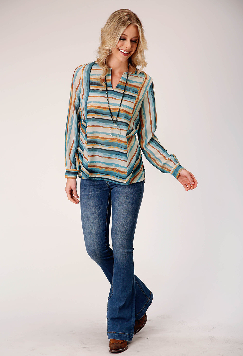 WOMENS LONG SLEEVE PULLOVER WATERCOLOR STRIPE PRINT TUNIC WESTERN SHIRT