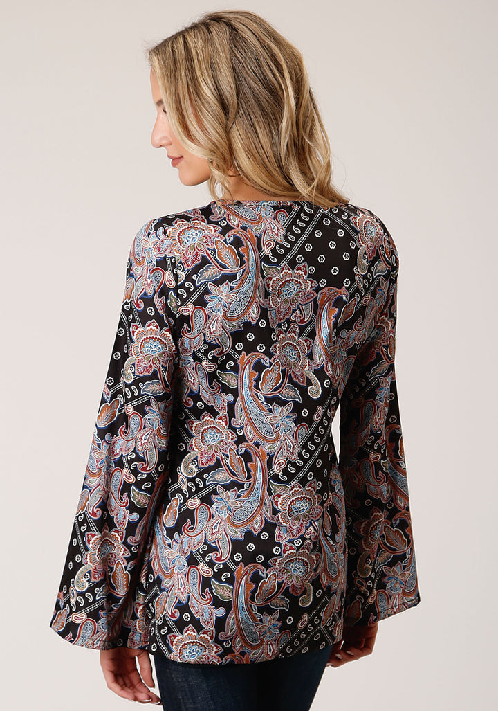 WOMENS LONG SLEEVE BOHO PAISLEY PRINT POLY CREPE BLOUSE