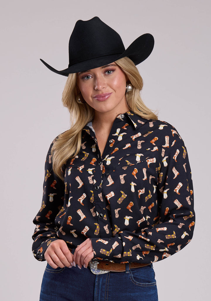 WOMENS LONG SLEEVE SNAP BOOT PRINTED RAYON WESTERN BLOUSE WESTERN SHIRT