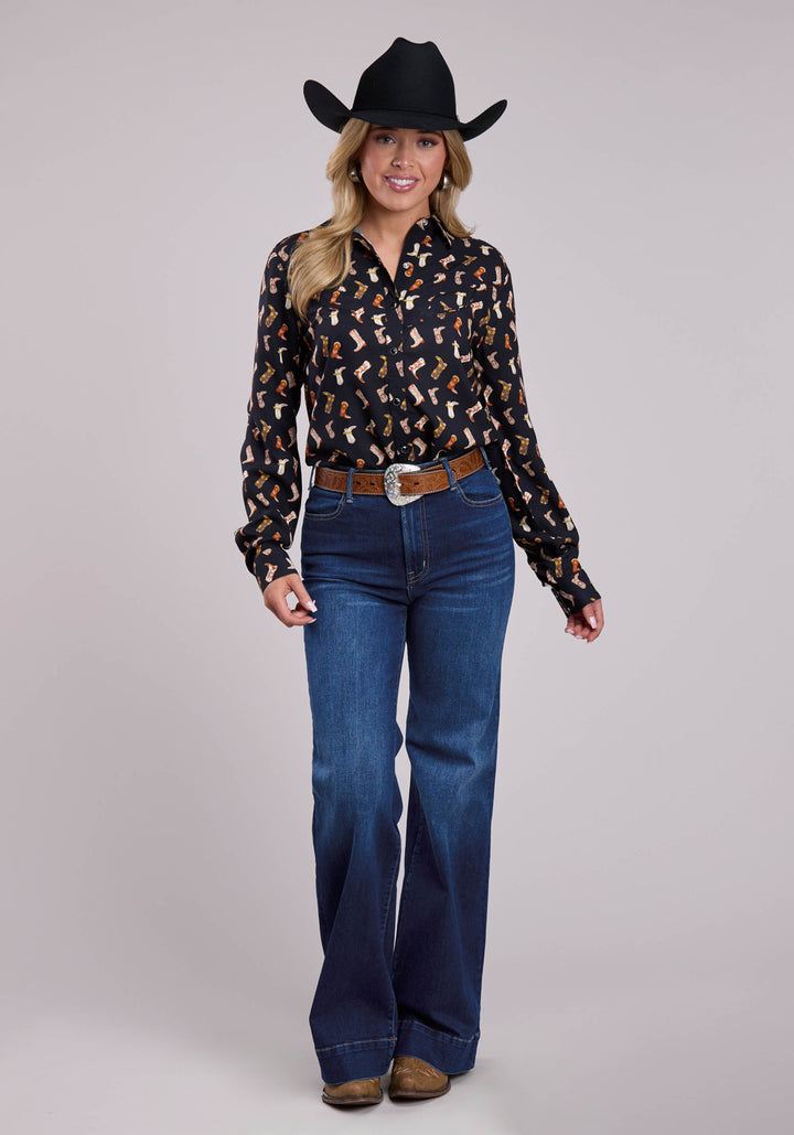 WOMENS LONG SLEEVE SNAP BOOT PRINTED RAYON WESTERN BLOUSE WESTERN SHIRT