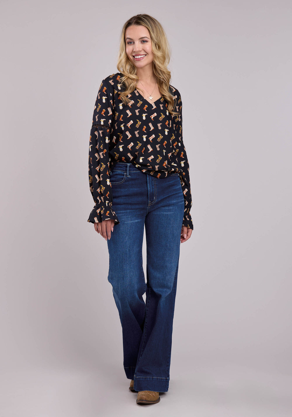 WOMENS LONG SLEEVE PULLOVER BOOT PRINTED RAYON PEASANT BLOUSE WESTERN SHIRT