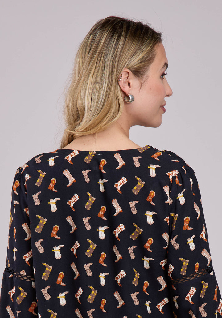 WOMENS LONG SLEEVE PULLOVER BOOT PRINTED RAYON PEASANT BLOUSE WESTERN SHIRT