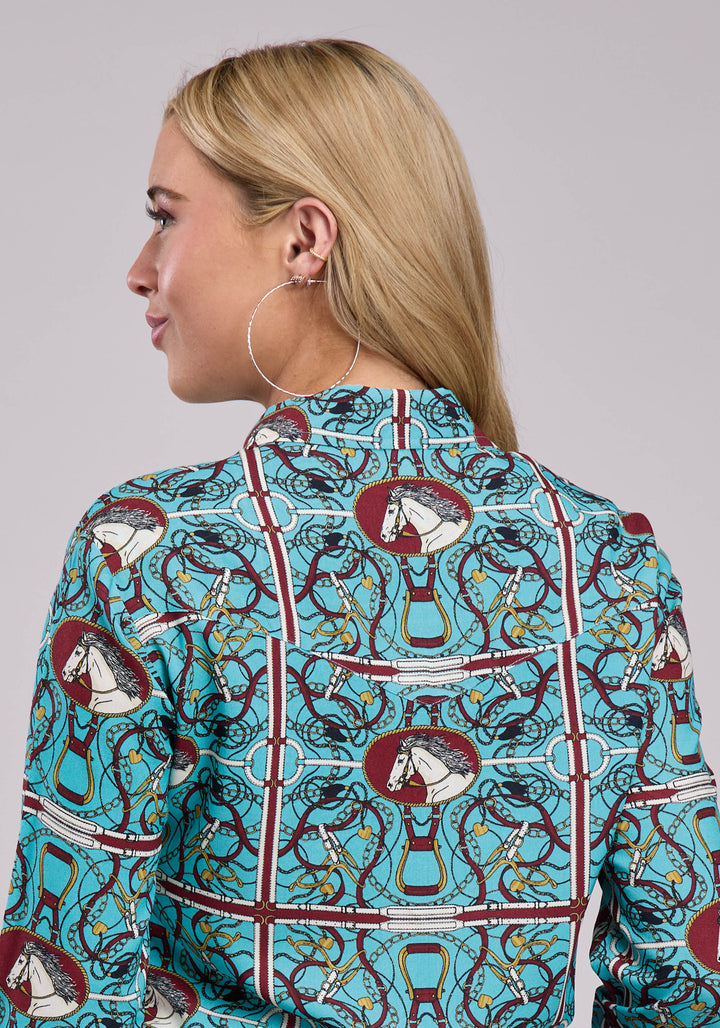 WOMENS LONG SLEEVE SNAP SCARF PRINT RAYON WESTERN BLOUSE WESTERN SHIRT