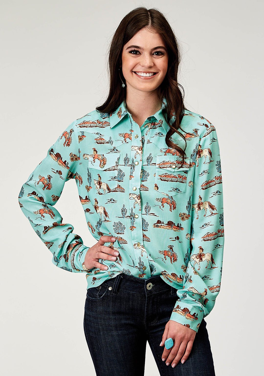 WOMENS LONG SLEEVE SNAP DESERT TOILE PRINT RAYON WESTERN BLOUSE