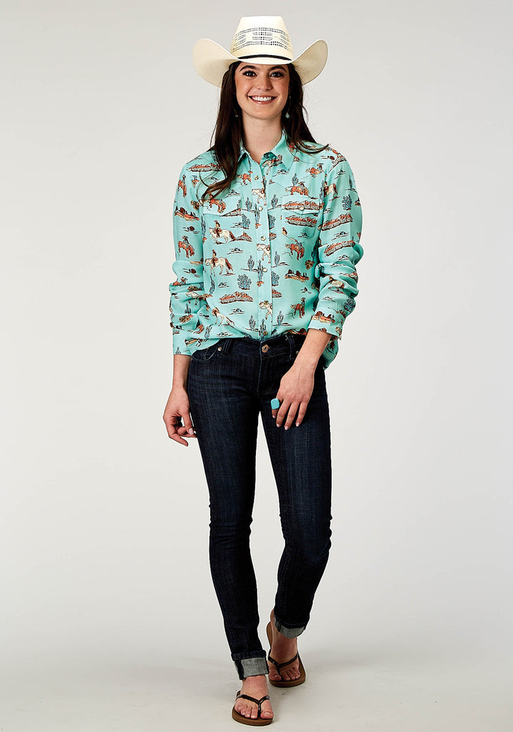 WOMENS LONG SLEEVE SNAP DESERT TOILE PRINT RAYON WESTERN BLOUSE