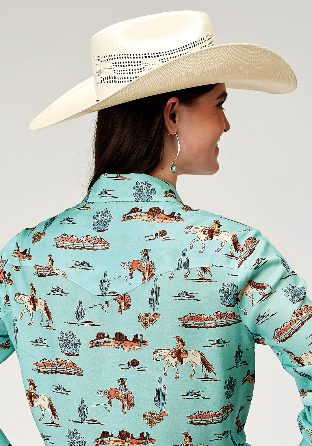 WOMENS LONG SLEEVE SNAP DESERT TOILE PRINT RAYON WESTERN BLOUSE