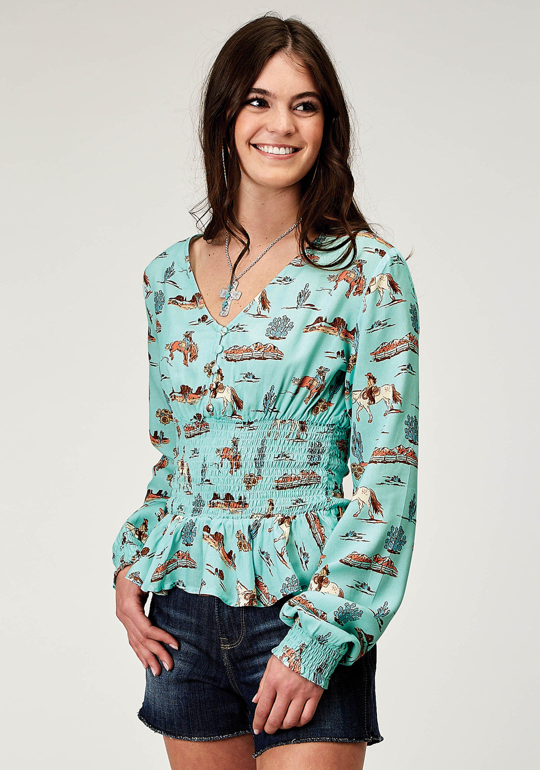 WOMENS LONG SLEEVE BUTTON DESERT TOILE PRINT RAYON PEASANT BLOUSE WITH PEPLUM SHIRRED WAIST