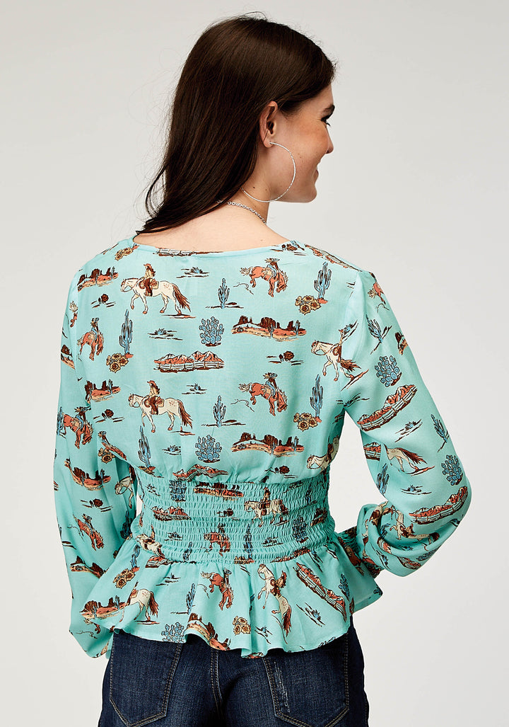 WOMENS LONG SLEEVE BUTTON DESERT TOILE PRINT RAYON PEASANT BLOUSE WITH PEPLUM SHIRRED WAIST