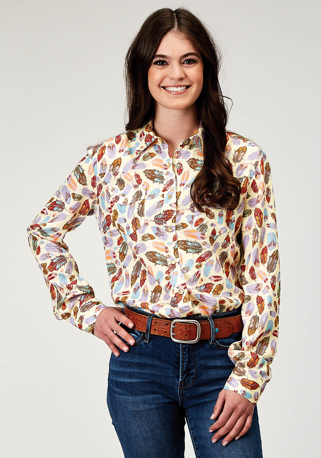 WOMENS LONG SLEEVE SNAP FEATHER TOSS PRINTED RAYON WESTERN BLOUSE