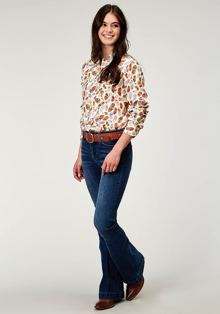 WOMENS LONG SLEEVE SNAP FEATHER TOSS PRINTED RAYON WESTERN BLOUSE