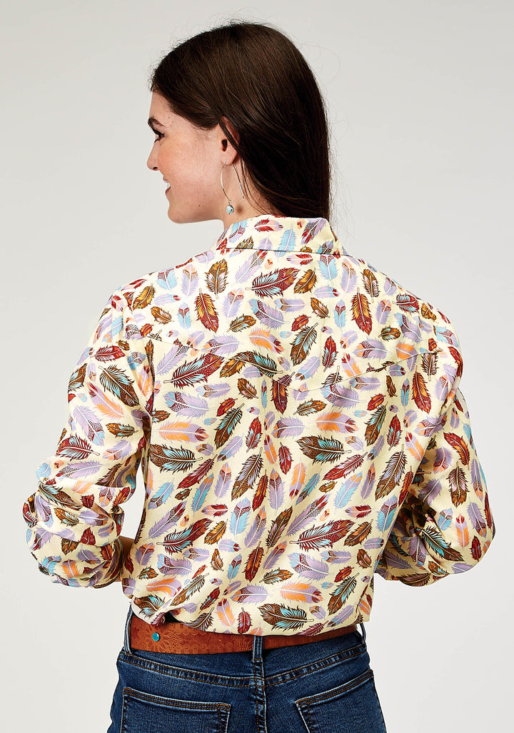 WOMENS LONG SLEEVE SNAP FEATHER TOSS PRINTED RAYON WESTERN BLOUSE