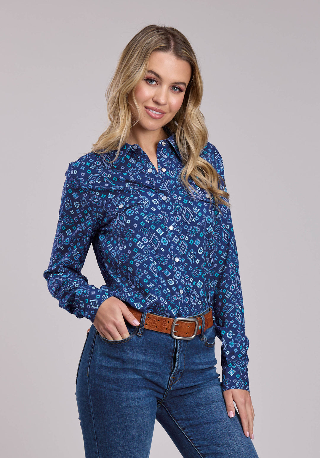 WOMENS ROPER BLUE AZTEC WESTERN BLOUSE