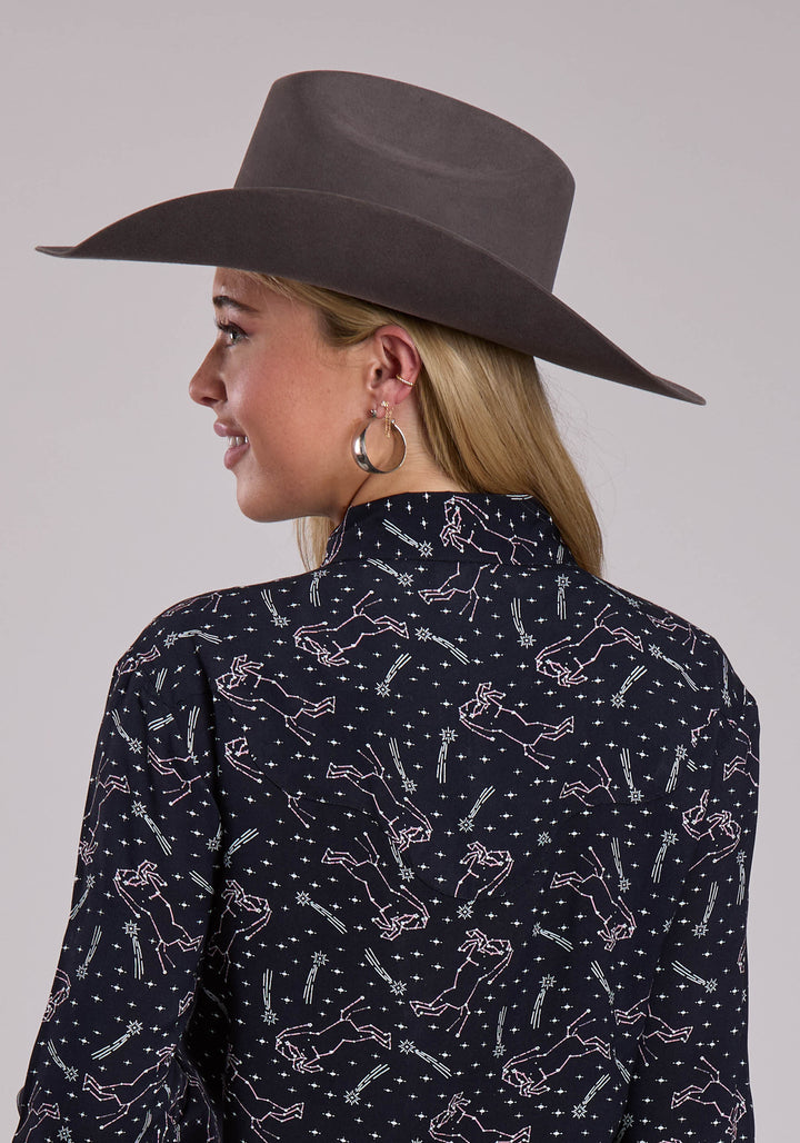 WOMENS ROPER CONSTELLATIONS PRINT RAYON LONG SLEEVE SNAP SHIRT