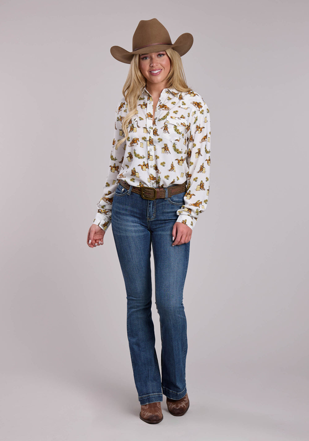 WOMENS ROPER RACERS PRINTED RAYON LONG SLEEVE SNAP SHIRT