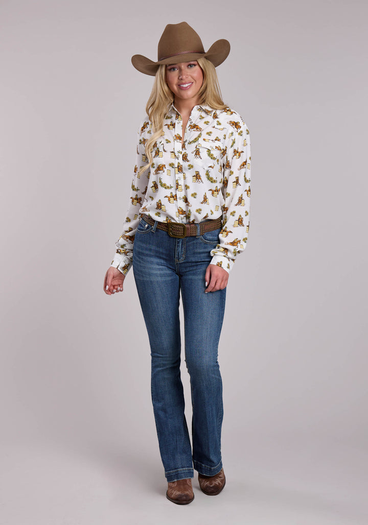 WOMENS ROPER RACERS PRINTED RAYON LONG SLEEVE SNAP SHIRT