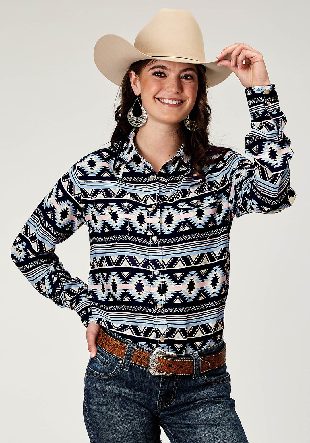 WOMENS LONG SLEEVE SNAP NAVY AZTEC PRINTED RAYON WESTERN BLOUSE