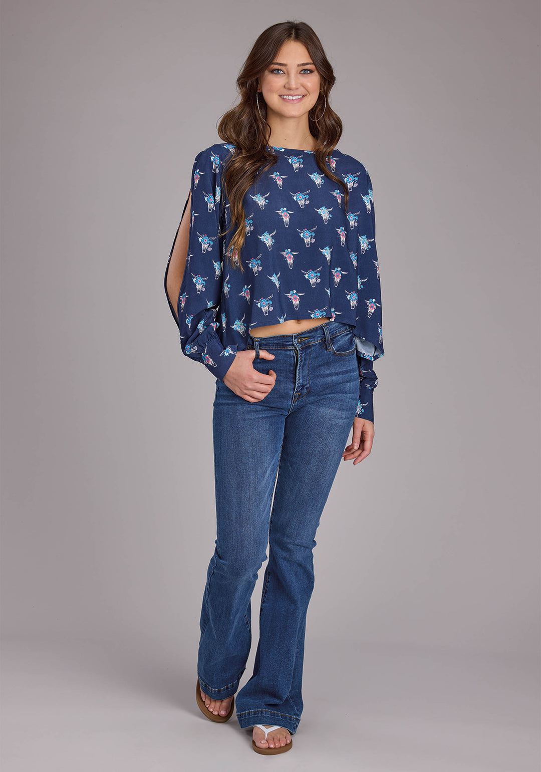 WOMENS NAVY SKULLS SWING BLOUSE LONG SLEEVE PULLOVER WESTERN SHIRT