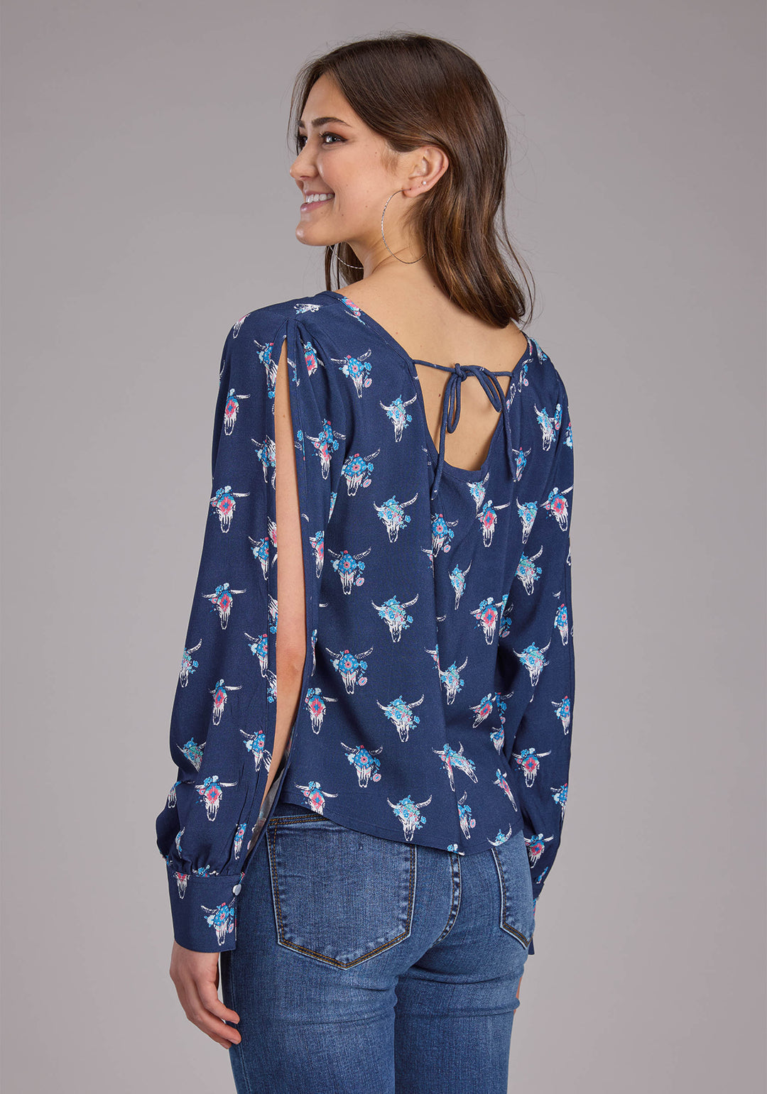 WOMENS NAVY SKULLS SWING BLOUSE LONG SLEEVE PULLOVER WESTERN SHIRT