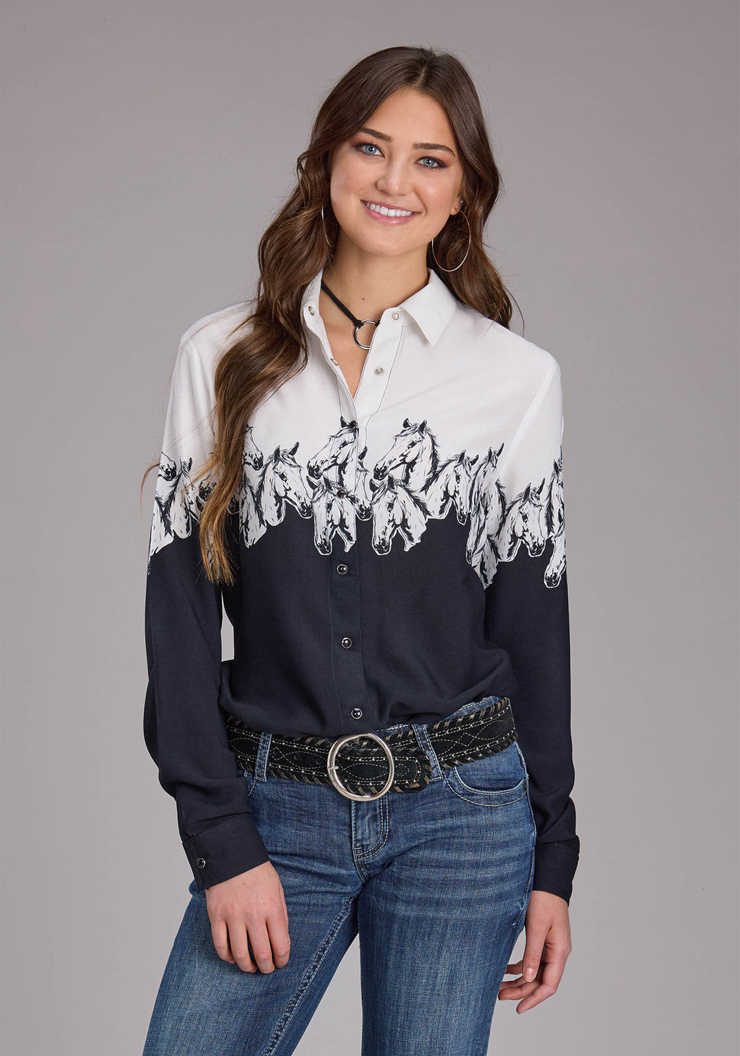 WOMENS HORSES BORDER PRINT RAYON LONG SLEEVE SNAP WESTERN SHIRT