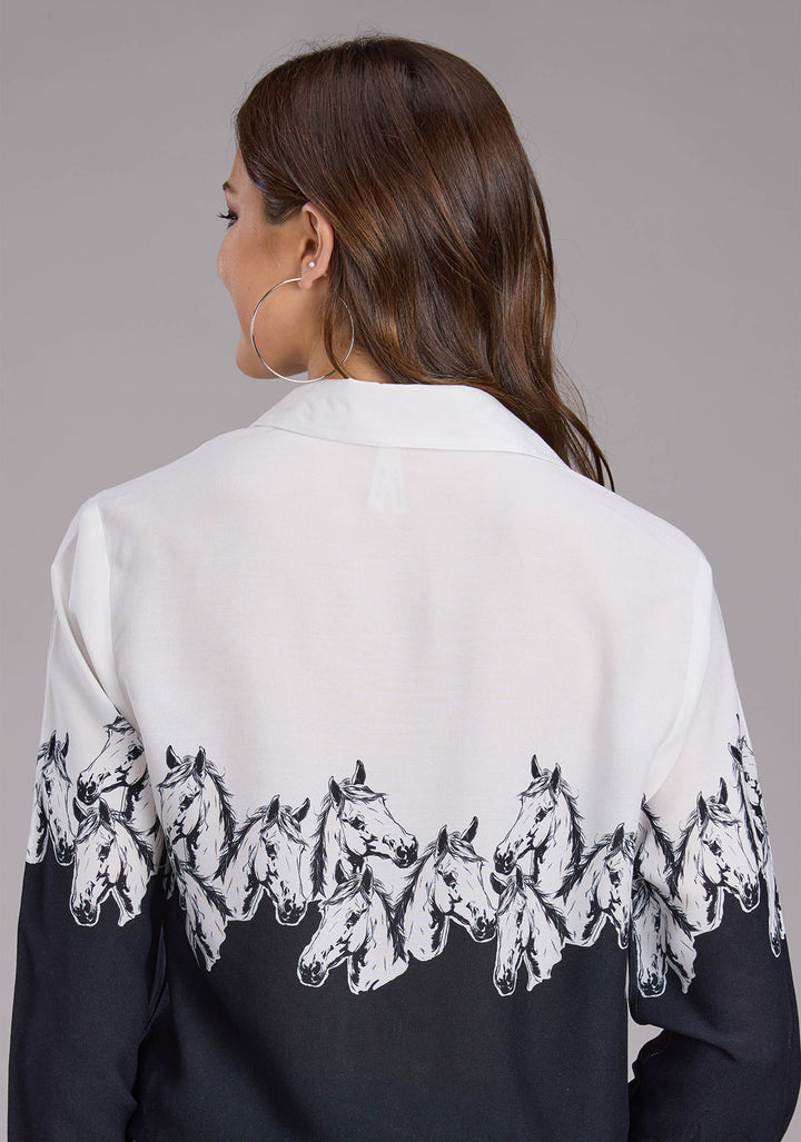 WOMENS HORSES BORDER PRINT RAYON LONG SLEEVE SNAP WESTERN SHIRT