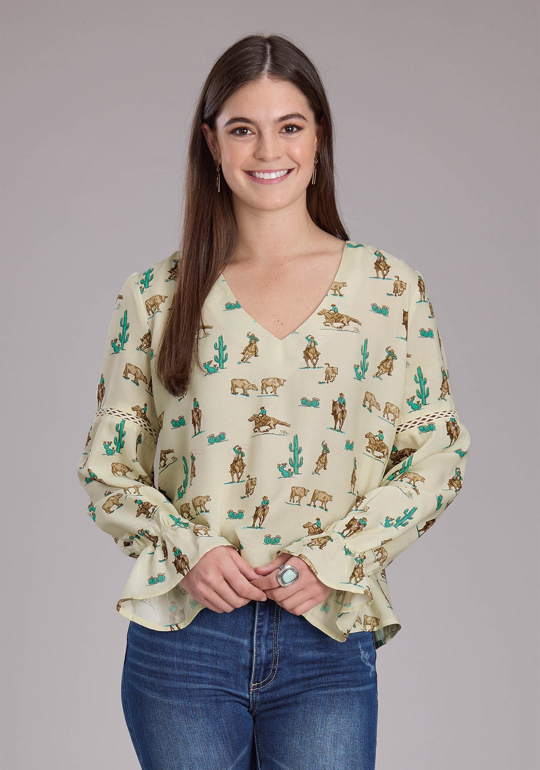 WOMENS ROPERS PRINTED RAYON PEASANT TOP LONG SLEEVE PULLOVER WESTERN SHIRT