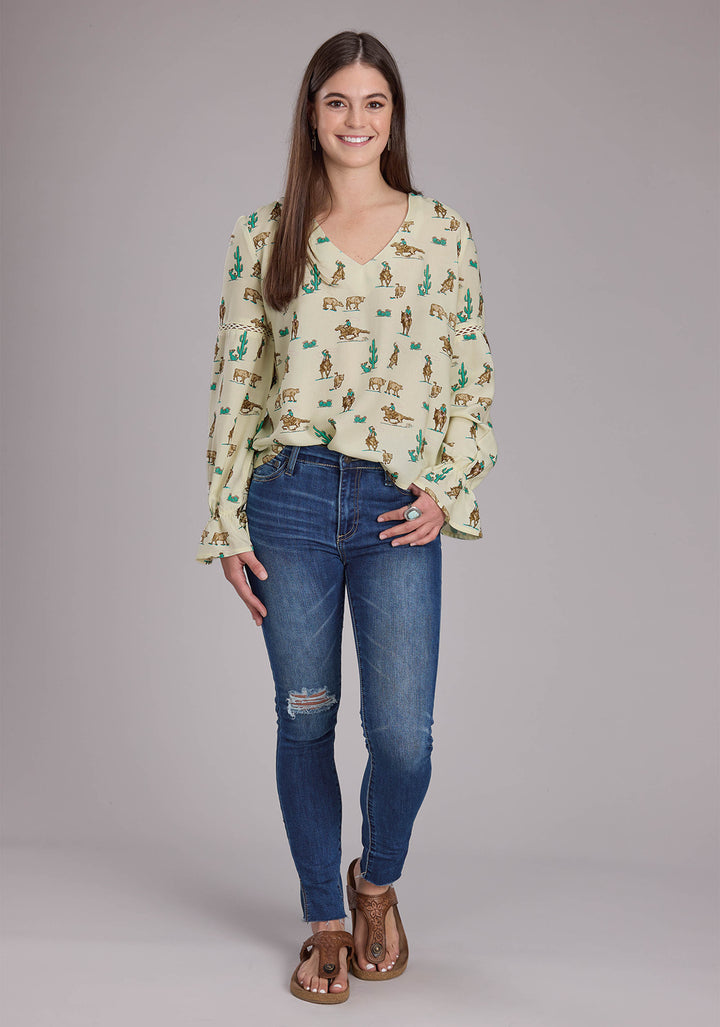 WOMENS ROPERS PRINTED RAYON PEASANT TOP LONG SLEEVE PULLOVER WESTERN SHIRT